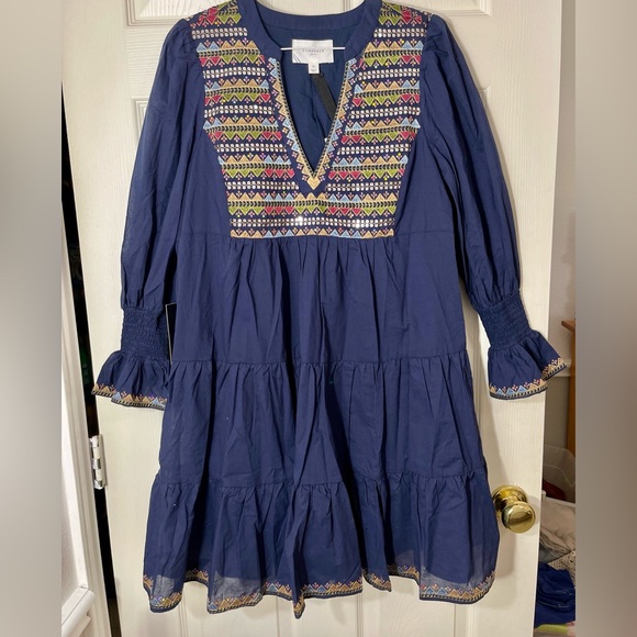 Pomander Place Embroidered Tiered Dress Navy Boho Peasant M NWT - Picture 2 of 9